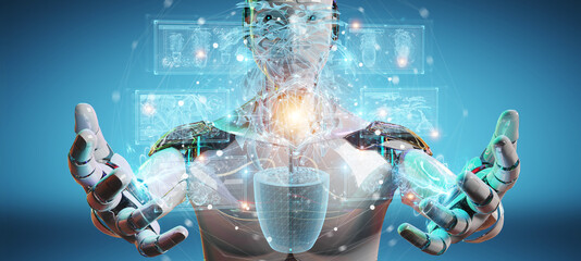 Fototapete - Robot holding and touching holographic projection of a plant with digital analysis 3D rendering