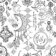 Poster - Seamless pattern with magic objects and spiritual design elements - dreamcatcher, crystal, moon phases. Mystic background for Halloween, esoteric, gothic and occult concept