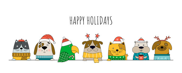 Merry Christmas illustration with cats, dogs, hamster and hamster.