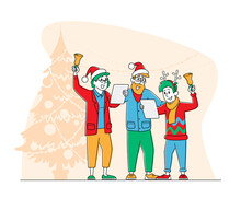 Happy Family Characters Wearing Santa Claus And Reindeer Hats Singing Christmas Songs And Ringing Bells People Carolling