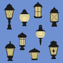 Set Of Lantern Illustration. Vintage Lamps, Classical Outdoor Design Elements For Lighting. Lamp Post Isolated Collection. Vector Illustration In Flat Style. Set Of Architectural Elements 