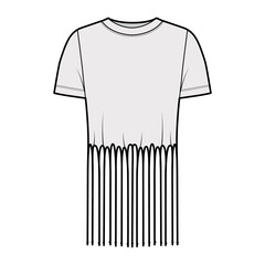 Wall Mural - Fringed cotton-jersey top technical fashion illustration with scoop neck, short sleeves, above-the-knee length, oversized. Flat apparel template front, grey color. Women, men unisex top CAD mockup