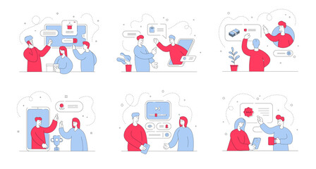 Wall Mural - People using help of online managers on websites. Set of flat line vector illustrations