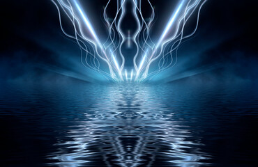 Wall Mural - abstract dark futuristic blue night background. rays and lines, lightning, lights. blue neon light, 