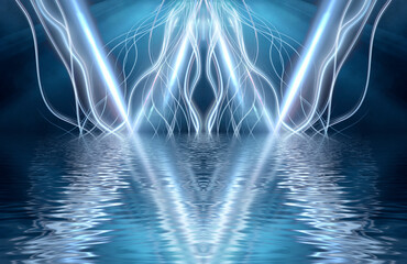 Abstract dark futuristic blue night background. Rays and lines, lightning, lights. Blue neon light, symmetrical reflection in water, energy. 3D illustration.