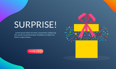 Wall Mural - Gift box with confetti, ribbon and bow. Surprise banner for web, mobile site, infographic, landing page, party invitation, greeting card. Present package for Birthday celebration or Christmas. Vector.