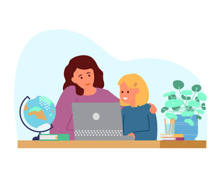 Wall Mural - Homeschool or online education. Mother with daughter sitting in front of laptop learning. Flat vector illustration.