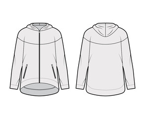 Wall Mural - Zip-up oversized cotton-fleece hoodie technical fashion illustration with zipper jetted pockets, relaxed fit, long sleeves. Flat jumper template front, back grey color. Women, men sweatshirt top CAD