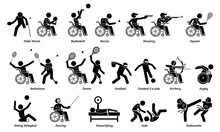 Disabled Indoor Sport And Games For Handicapped Athlete Stick Figures Icons. Vector Signs And Symbols Of Competitive Sports For People With Disabilities.
