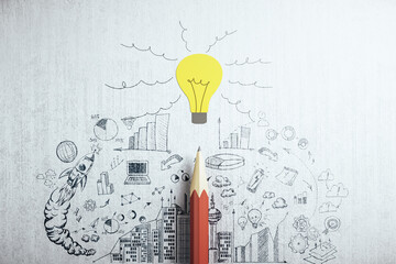 Wall Mural - Drawing business plan, yellow light bulb and red pencil.