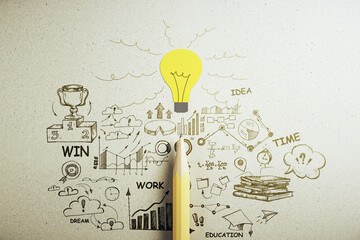 Wall Mural - Drawing creative business sketch, yellow light bulb and pencil.