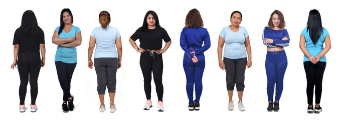 Wall Mural - large group  back and front view of Latin American women with sportswear on white background