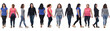 © curto - large group of latin american women walking on white background, front, side and back view