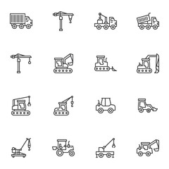 Wall Mural - Construction transport line icons set, outline vector symbol collection, linear style pictogram pack. Signs, logo illustration. Set includes icons as delivery truck, hook crane, industrial vehicle