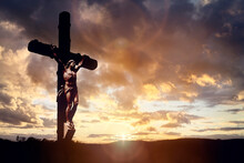 Crucifix Cross At Sunset Background, Crucifixion Of Jesus Christ