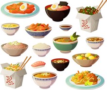 Vector Illustration Of Various Asian Dishes And Soups Isolated On White Background.