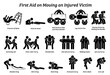 © leremy - First aid techniques on moving an injured victim stick figures icons. Vector illustrations of the methods, procedures, and how to move or relocating an injured person.
