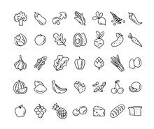 Healthy Food Vector Icons. Hand Drawn Food Icon Set. Cute Eating Doodles Isolated On White Background