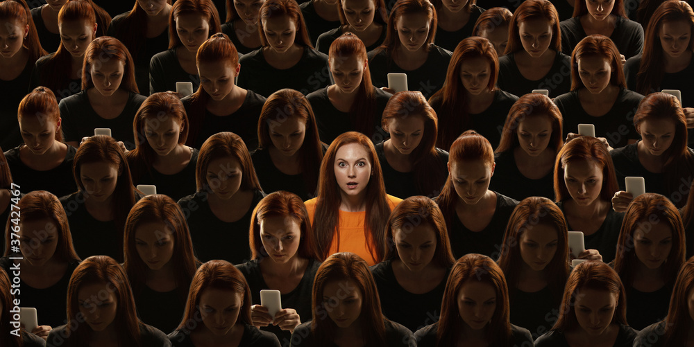 Top view of grey crowd of identical people and special one woman, difference and diversity concept. Unique among the faceless, not like everyone else. Shocked, wondered, going mad. Collage.