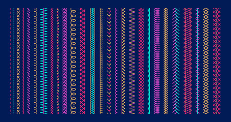 Vector colorful sewing machine stitches. Seamless sewing seam lines pattern for fabric structure. Embroidery cloth edge texture. Stitching seams, stitched sew. Fashion seam brush