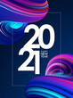 Happy New Year 2021. Greeting poster with 3D Neon colored abstract twisted fluide shape. Trendy design