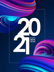 Wall Mural - Happy New Year 2021. Greeting poster with 3D Neon colored abstract twisted fluide shape. Trendy design