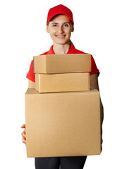 Wall Mural - delivery woman in red uniform holding cardboard packages in front. isolated on white background