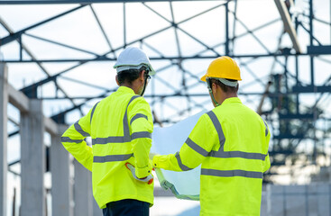 Aufkleber - Engineers discussion with architect about detail of building at construction site.