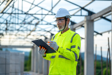 Aufkleber - Engineers working and checking about detail of building at construction site.