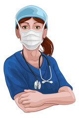 Wall Mural - A female doctor or nurse woman medical healthcare professional in scrubs uniform character with arms folded and serious but caring look. Wearing face mask PPE