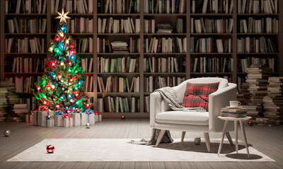 Wall Mural - Christmas tree with gifts and reading chair with decorative pillow and blanket in the library. Holidays in Bookstore concept 3d render 3d illustration