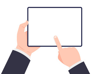 Wall Mural - tablet in hands. hand holding tablet and touching screen. vector illustration.
