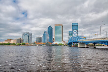Jacksonville Skyline With Alsop Bridge And City Skyscrapers On A Cloudy Day, Florida