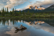 Three Sisters Sunrise At Policeman Creek, Canmore, Alberta, Canadian Rockies, Canada