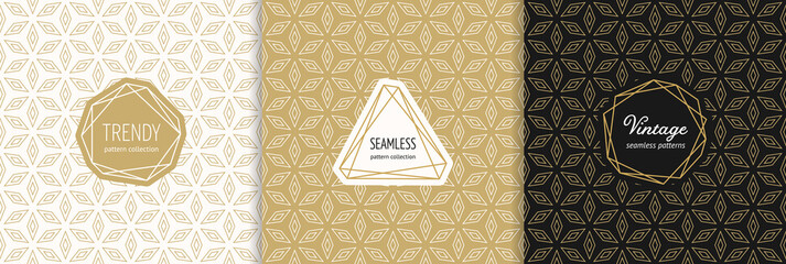 Vector golden geometric seamless patterns with modern minimal labels. Elegant floral ornament. Gold textures set with linear flower shapes, thin lines. Art deco style. Trendy background. Luxury design