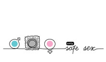 Only safe sex simple background web banner, poster with man and woman signs and condom between them. One continuous line drawing background with lettering safe sex.
