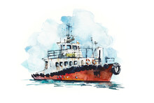 Little Ship (boat). Watercolor Hand Drawn Illustration. Sketch Style