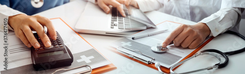 Fotomural Medical technology concept The doctor works with mobile phones, headphones and tablets