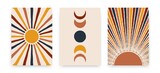 Fototapeta Boho - Abstract sun moon posters. Contemporary backgrounds, set of covers modern boho style. Mid century wall decor, vector art print