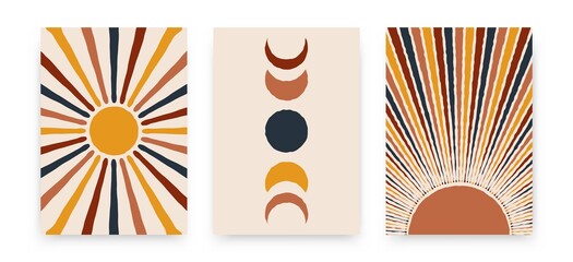 Wall Mural - abstract sun moon posters. contemporary backgrounds, set of covers modern boho style. mid century wa