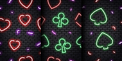 Wall Mural - Vector set of realistic isolated neon seamless pattern of Card Suit on the seamless wall. Concept of casino, free spins offer and deposit bonus.