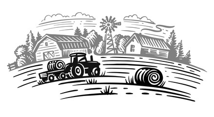 Wall Mural - farm theme with trees and tractor