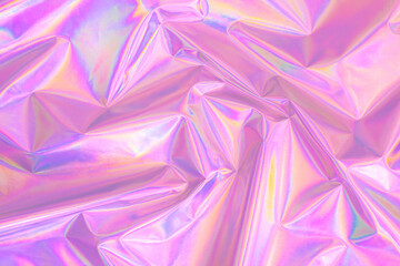 Aufkleber - Abstract Modern pastel colored pink holographic background in 80s style. Crumpled iridescent foil textile real texture. Synthwave. Vaporwave style. Retrowave, retro futurism, webpunk