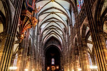 The monumental interior of the Strasbourg Cathedral in Alsace, France