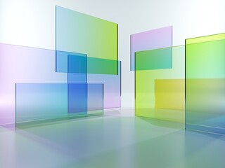 Wall Mural - 3d render, abstract geometric background, translucent glass with colorful gradient, simple square shapes