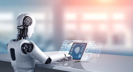 Wall Mural - Robot humanoid use laptop and sit at table for big data analytic using AI thinking brain , artificial intelligence and machine learning process for the 4th fourth industrial revolution . 3D rendering.