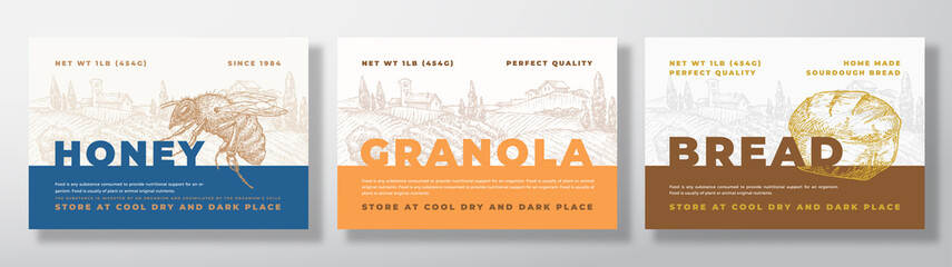 Wall Mural - hone, granola and bread food label templates set. abstract vector packaging design layouts bundle. m