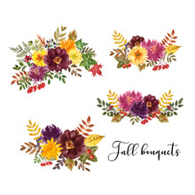 Beautiful Fall Floral Arrangements. Orange, Yellow, Burgundy Watercolor Flowers And Autumn Foliage, Isolated On White Background. Hand Drawn Botanical Illustration.