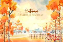 Autumn Watercolor Painting With Many Orange Trees With A Red Bike On The Front. 