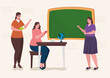 group women teacher in classroom with supplies education vector illustration design